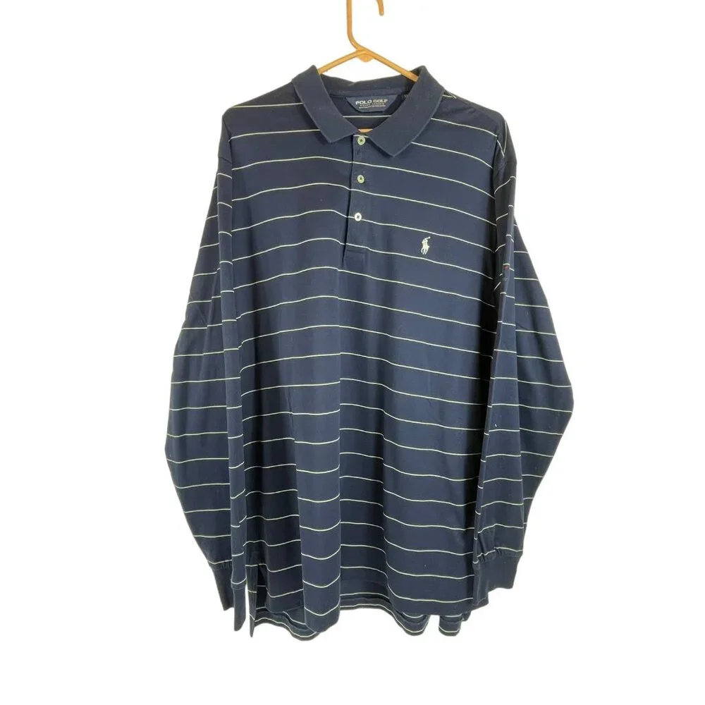 Ralph‎ Lauren Golf Polo Sz XL Mens Pima Cotton Stripe Long Sleeve Blue Shirt